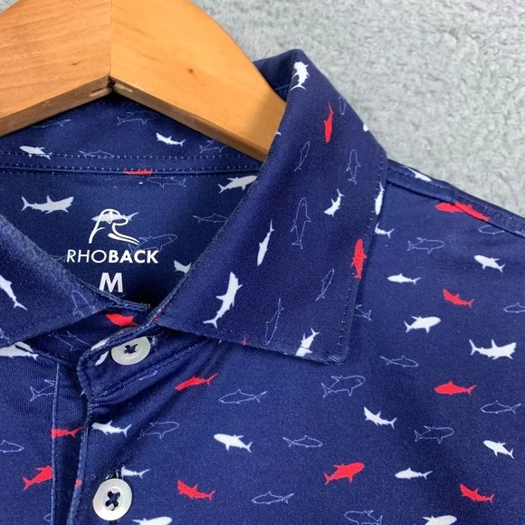 Rhoback The Shark Bait Polo Mens Medium M Navy Short Sleeve Golf Shirt Athletic